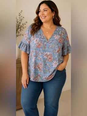 642 LOFT Plus Floral Flutter Sleeve Blouse Size 14 Sky Blue Pink Boho Top